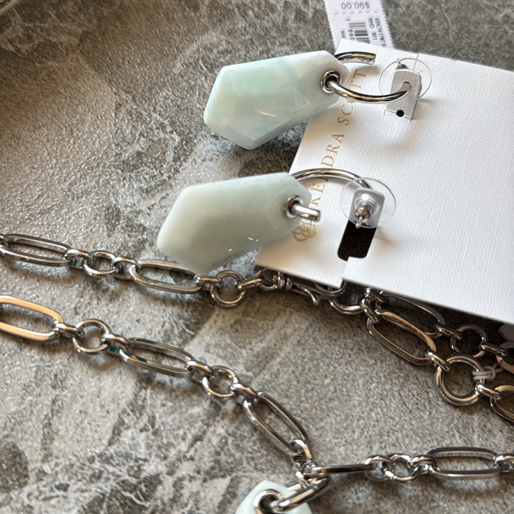 Kendra Scott Ashlyn Long Pendant Necklace Earrings Set Silver Teal Quartzite - Picture 9 of 10